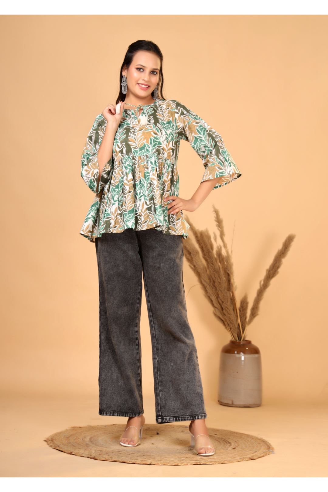 Women’s  Printed Pure Cotton Short Kurti with Flared Sleeves