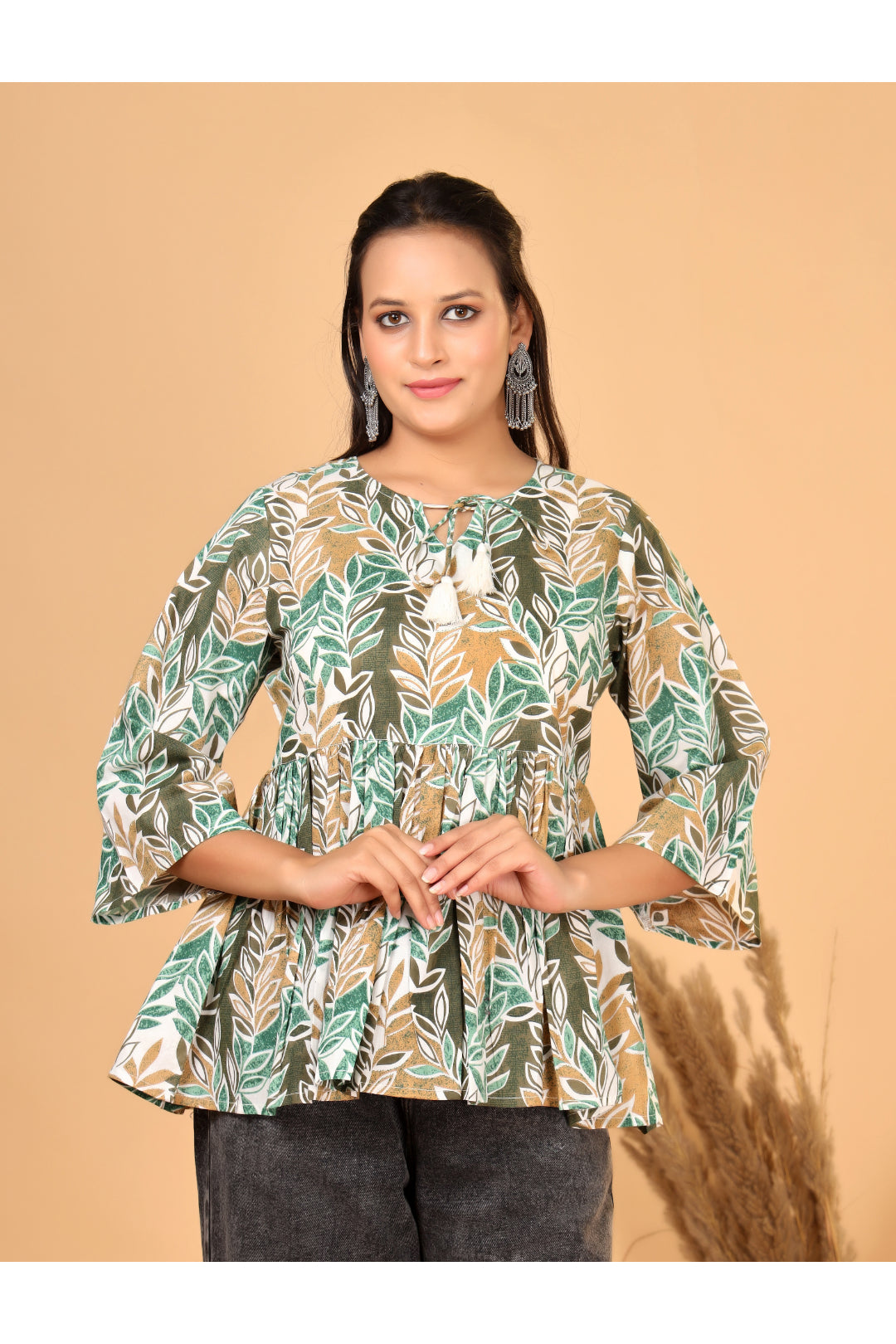 Women’s  Printed Pure Cotton Short Kurti with Flared Sleeves