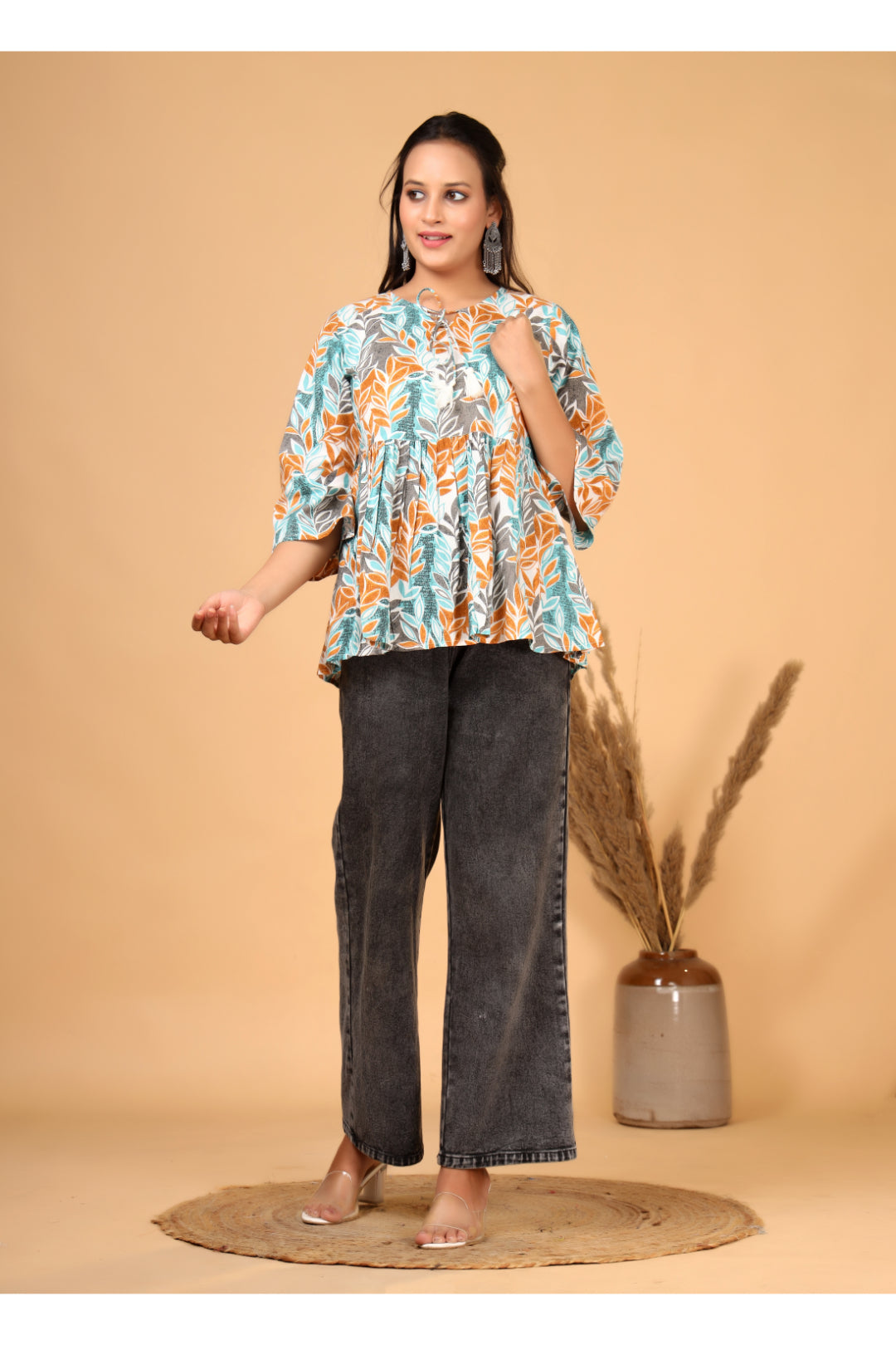 Women’s  Printed Pure Cotton Short Kurti with Flared Sleeves