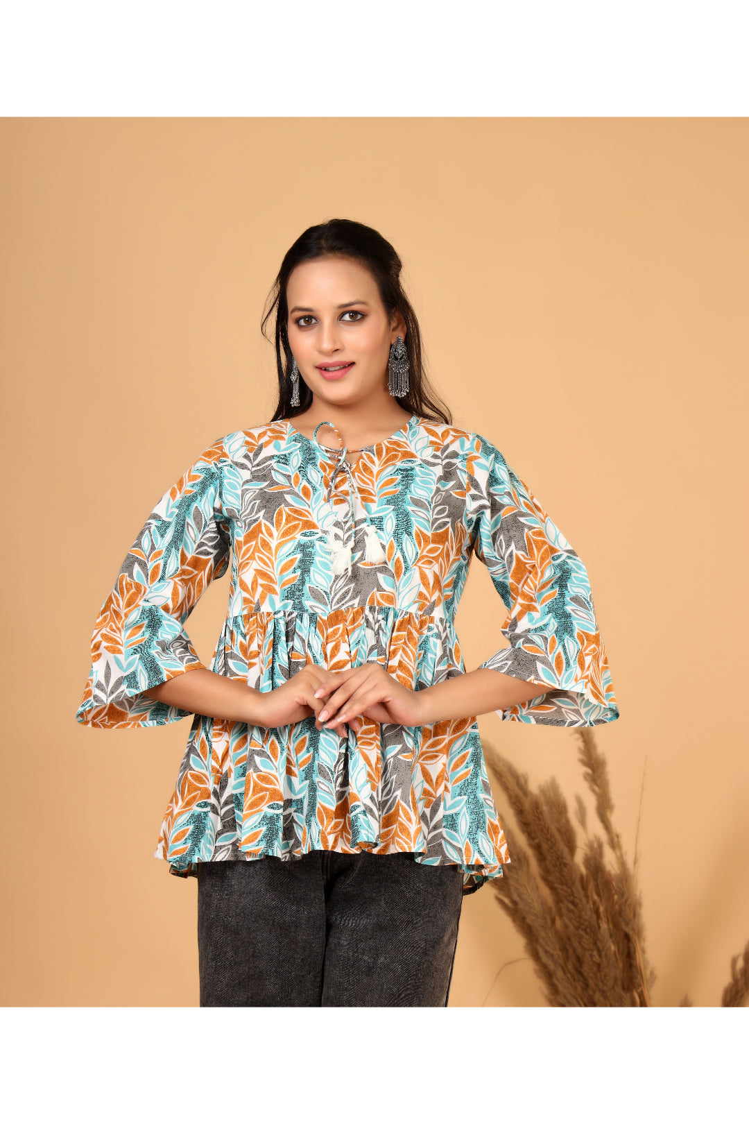 Women’s  Printed Pure Cotton Short Kurti with Flared Sleeves