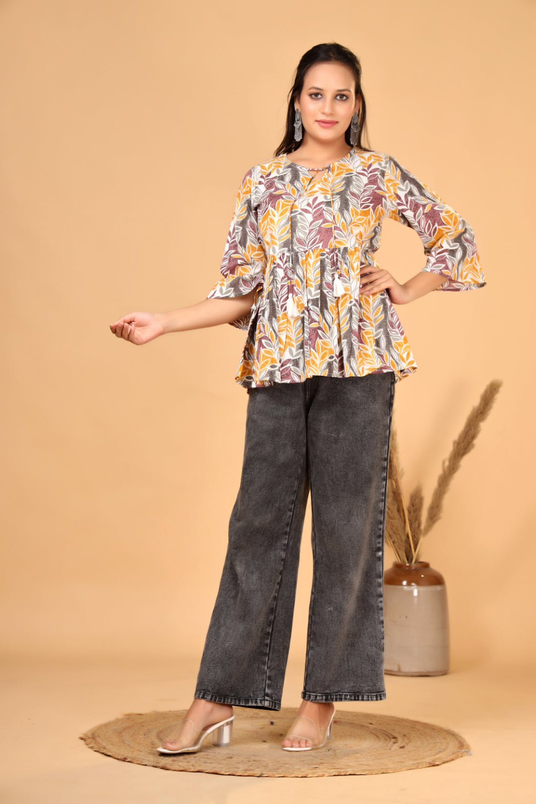 Women’s  Printed Pure Cotton Short Kurti with Flared Sleeves