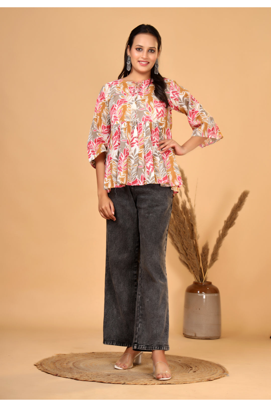 Women’s  Printed Pure Cotton Short Kurti with Flared Sleeves