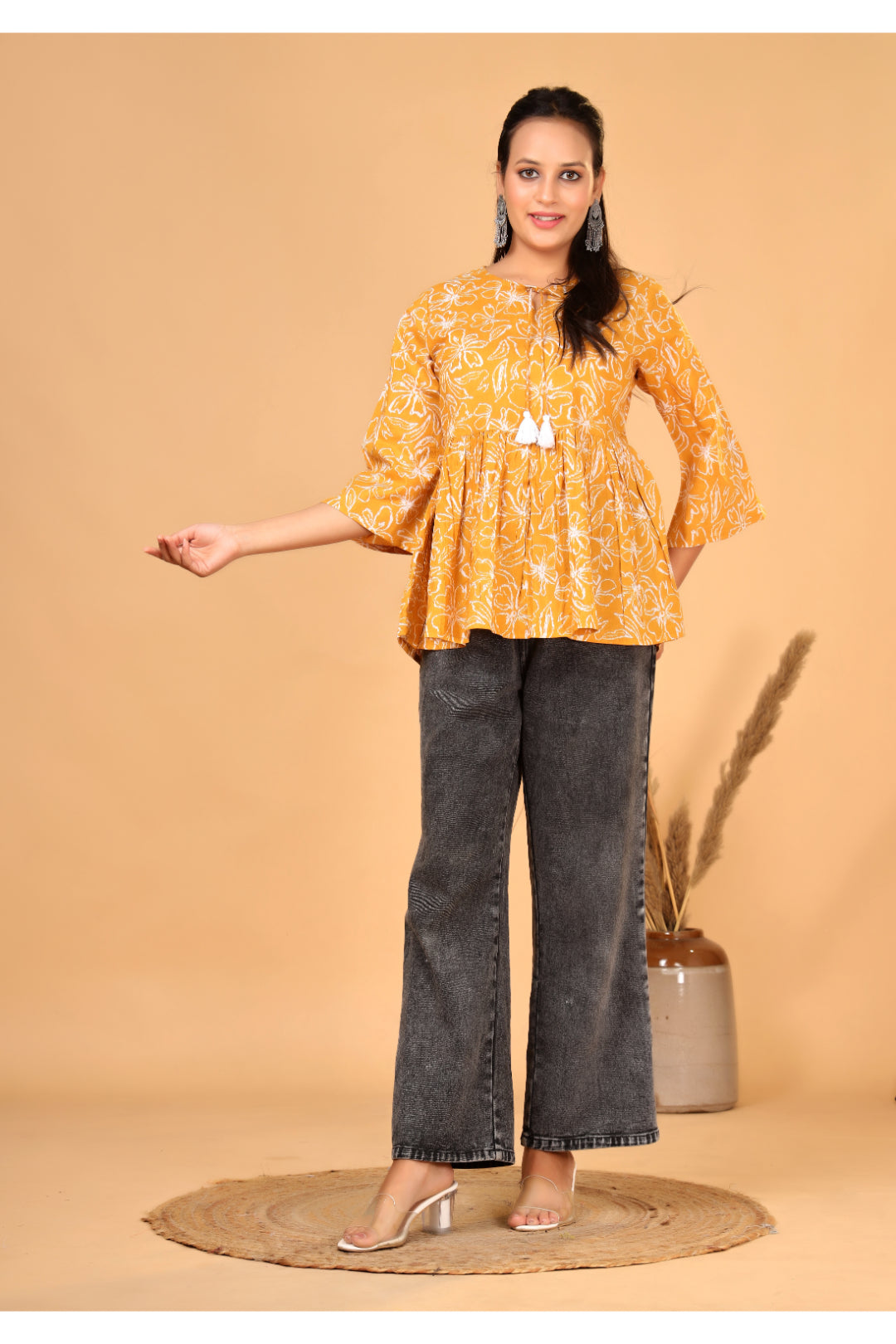 Women’s  Printed Pure Cotton Short Kurti with Flared Sleeves