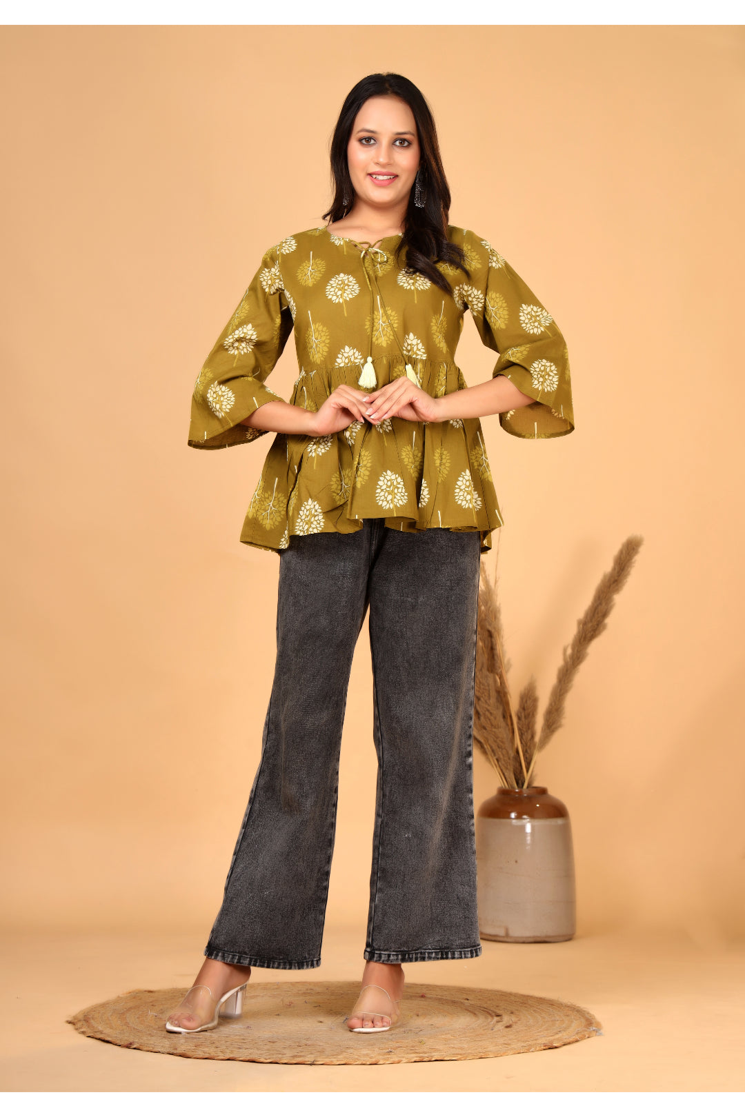 Women’s  Printed Pure Cotton Short Kurti with Flared Sleeves