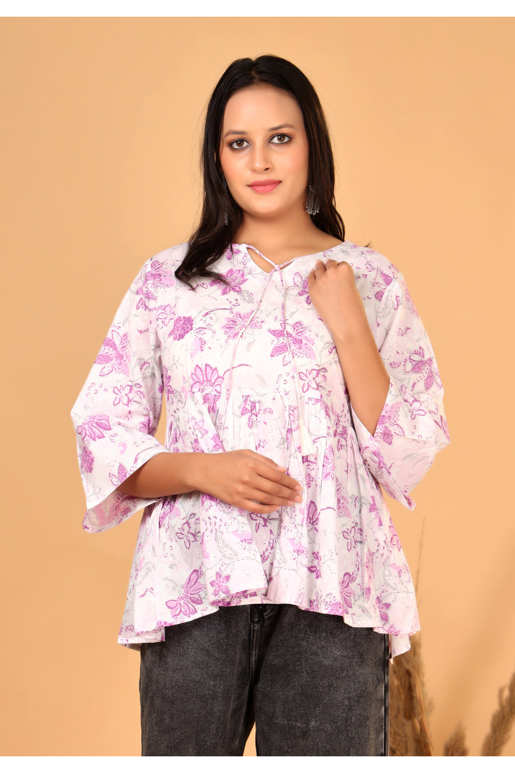Women’s  Printed Pure Cotton Short Kurti with Flared Sleeves