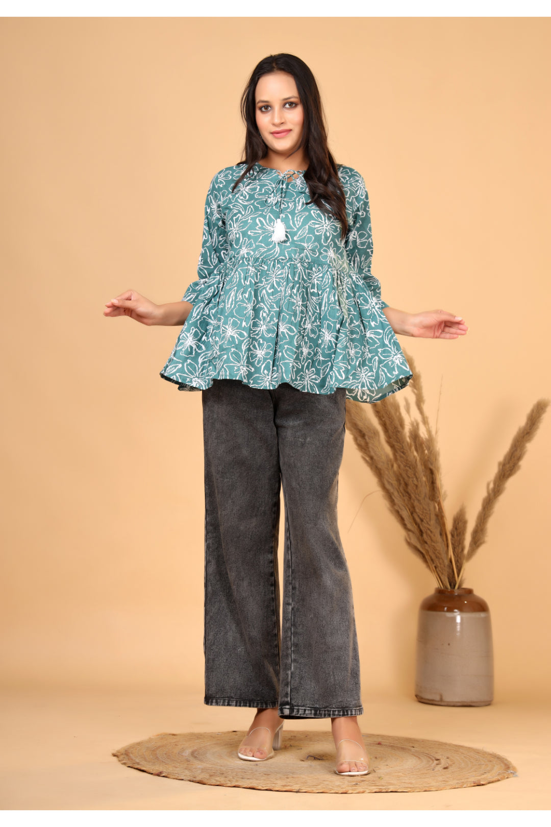 Women’s  Printed Pure Cotton Short Kurti with Flared Sleeves