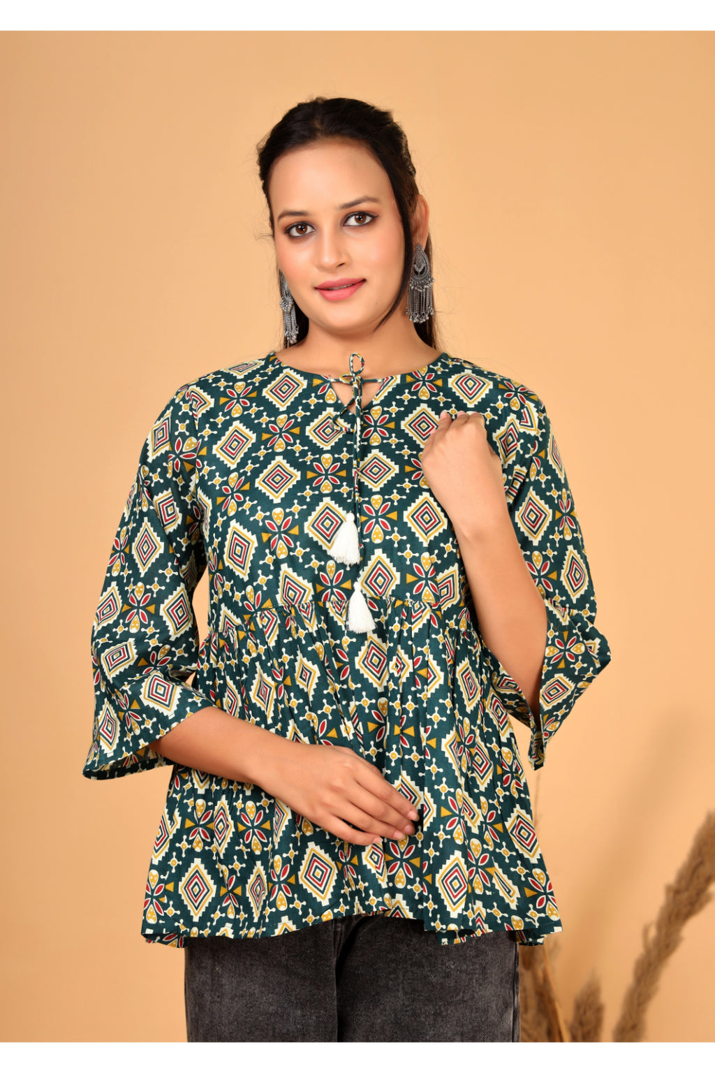 Women’s  Printed Pure Cotton Short Kurti with Flared Sleeves