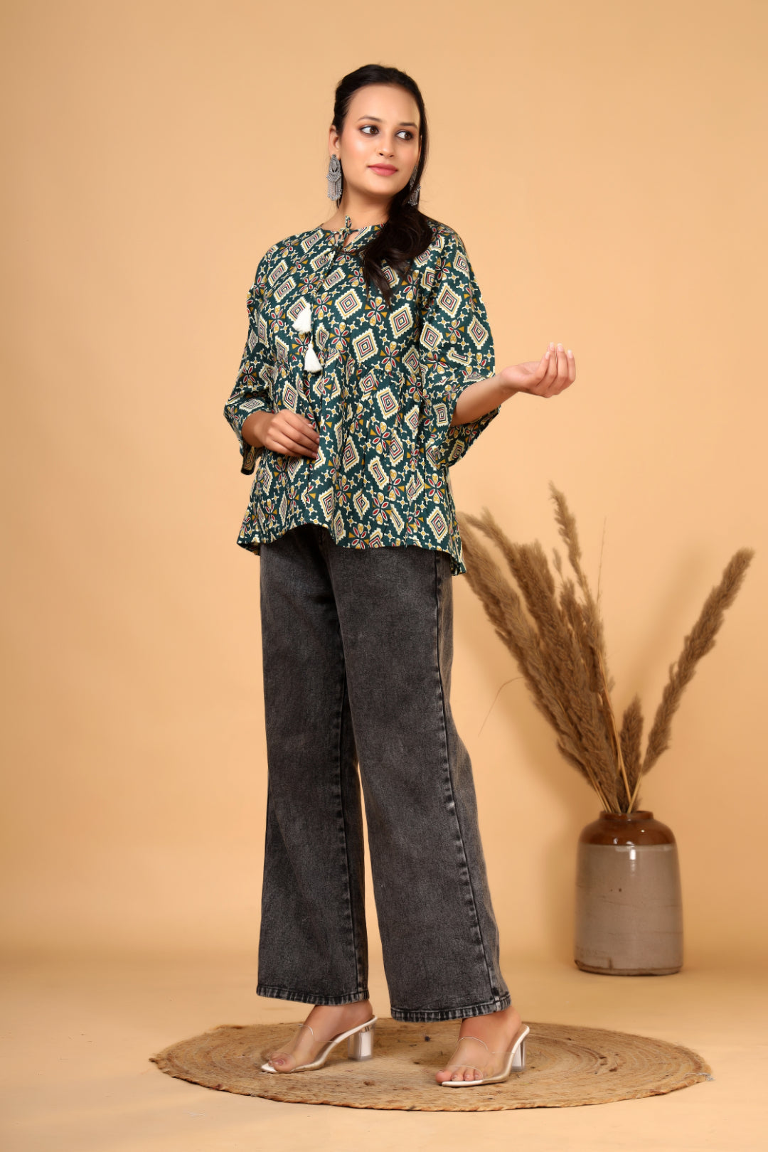 Women’s  Printed Pure Cotton Short Kurti with Flared Sleeves