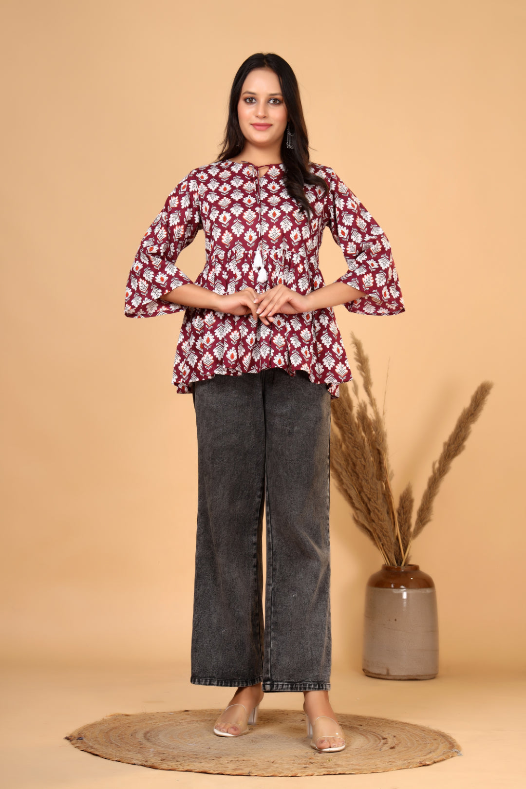 Women’s  Printed Pure Cotton Short Kurti with Flared Sleeves