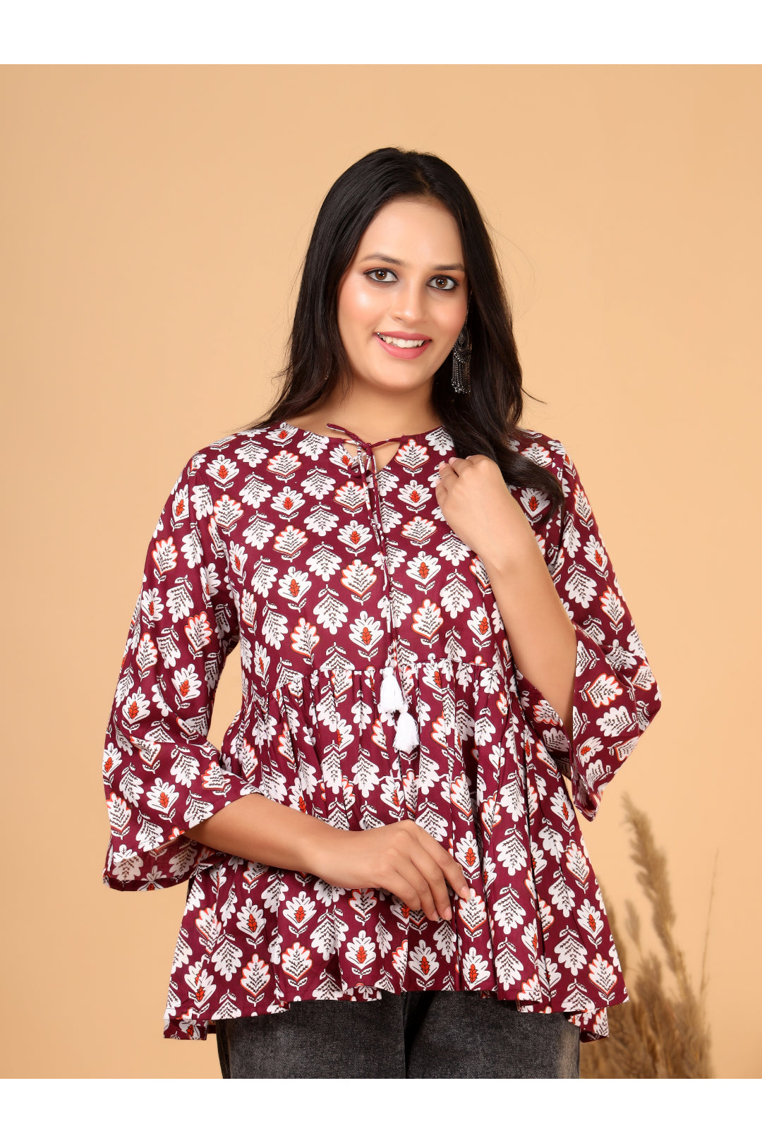Women’s  Printed Pure Cotton Short Kurti with Flared Sleeves