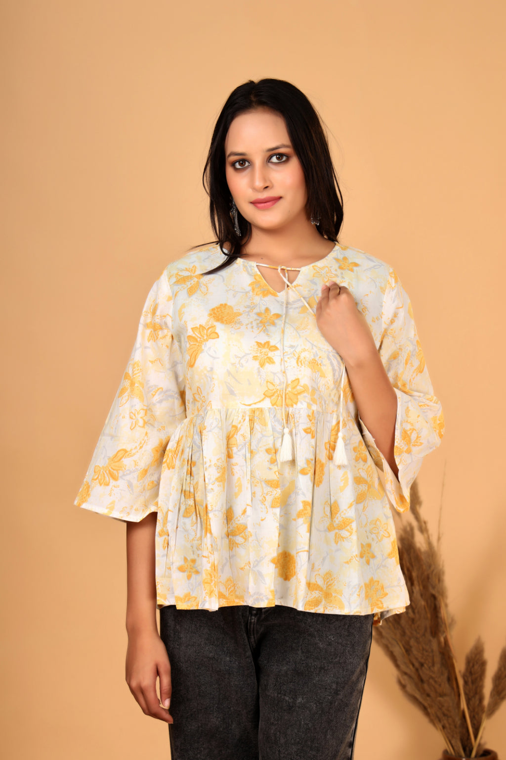 Women’s  Printed Pure Cotton Short Kurti with Flared Sleeves