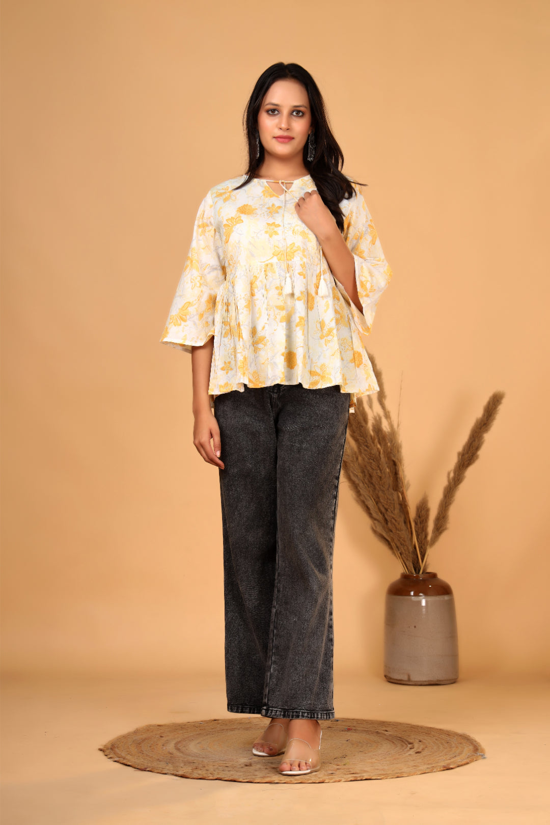 Women’s  Printed Pure Cotton Short Kurti with Flared Sleeves